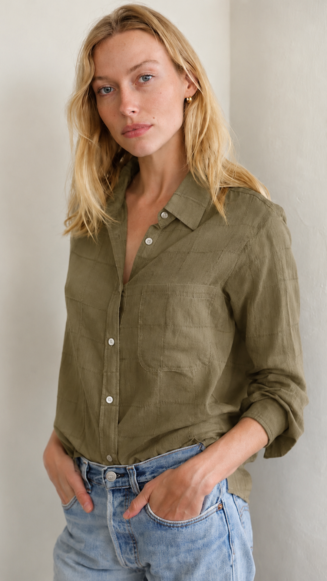Boyfriend Top Check Cotton - Military