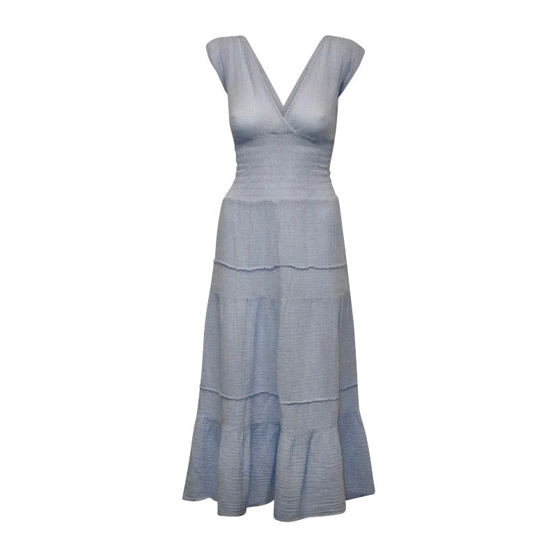 Smocked Dress Gauze  - Faded Denim