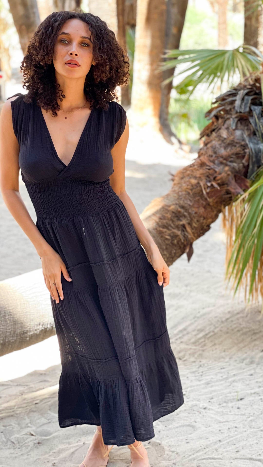 Smocked Dress Cotton Gauze - Black