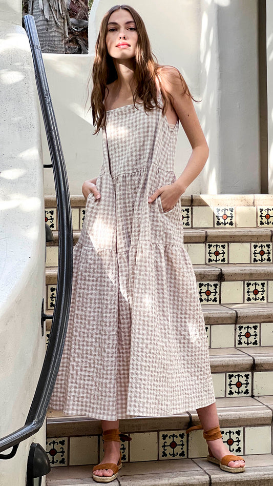 South Hampton Dress  Cotton - Tan Gingham