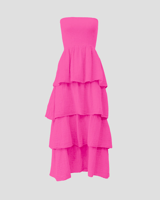 Strapless Tier Maxi Dress Gauze Hot Pink