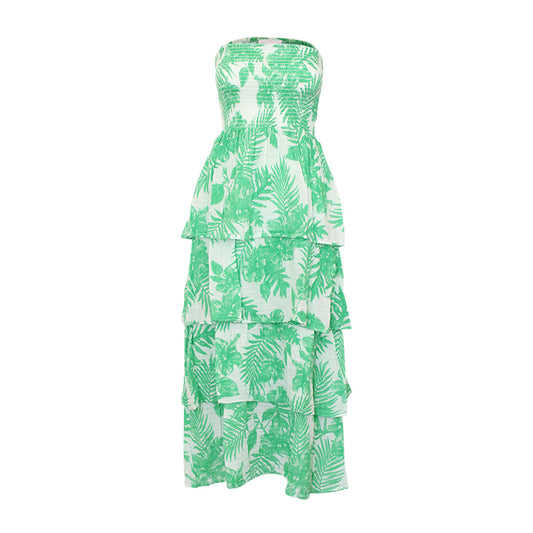 Strapless Tier Maxi Dress Gauze Green Palm