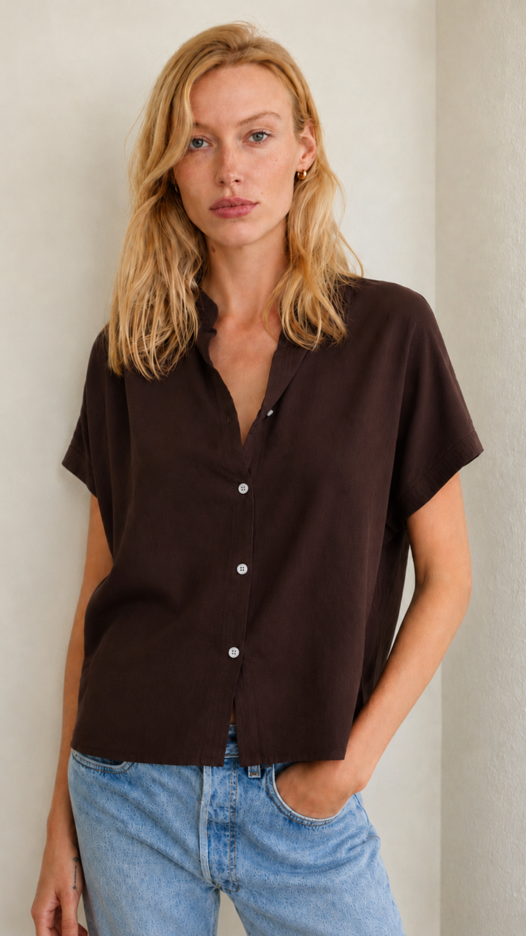 Short Sleeve Top Cotton Blend - Bark