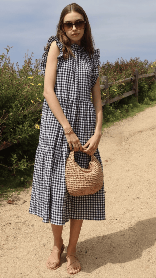 Ruffle Collar Dress - Navy Gingham