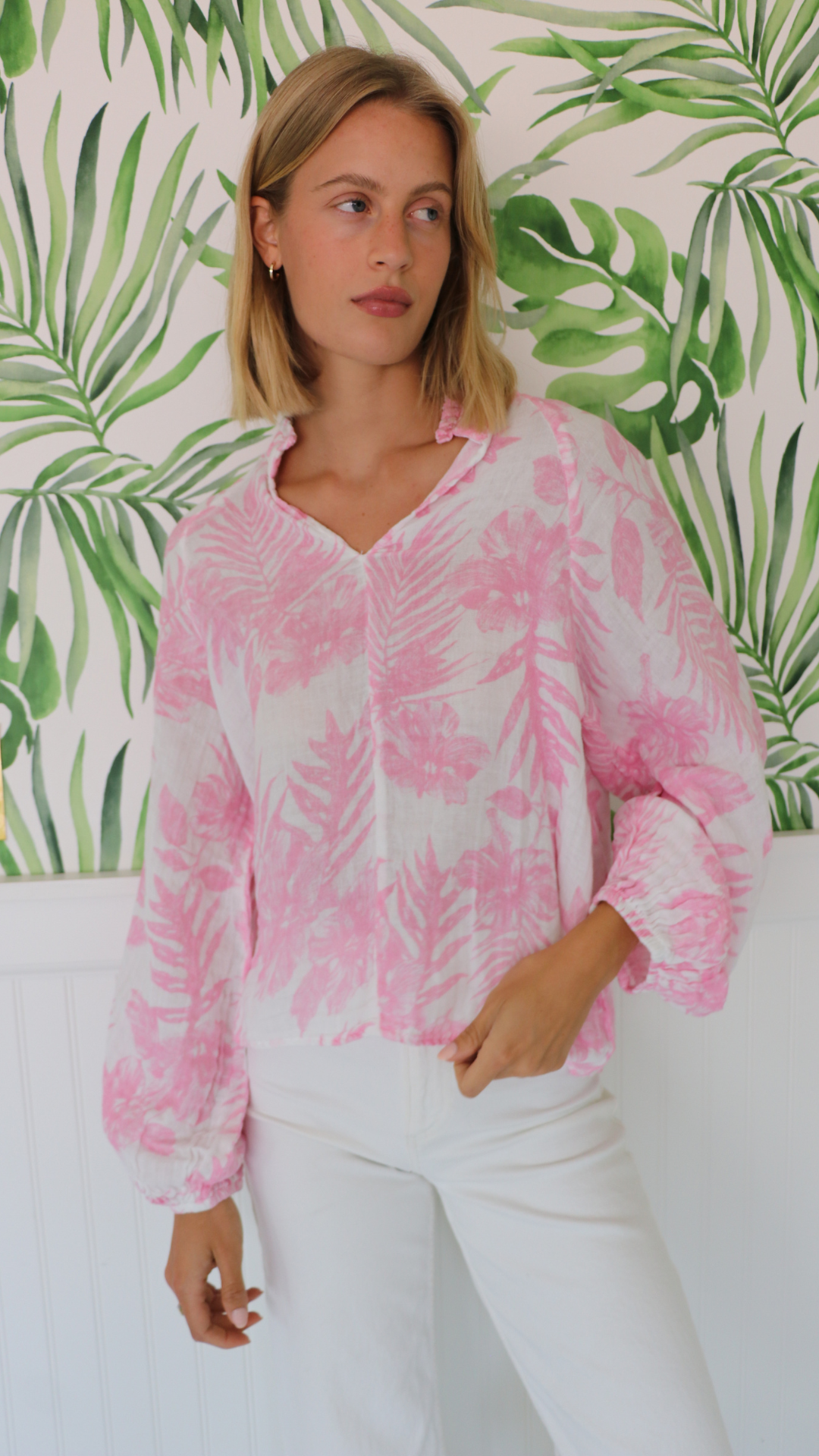 Ruffle Collar Top Gauze - Pink Palm