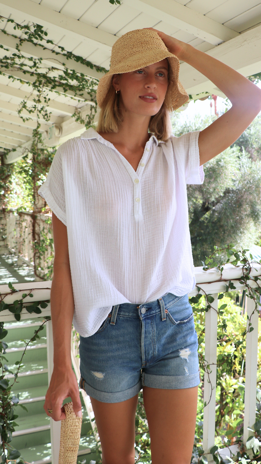 S/S Henley Top Gauze - White