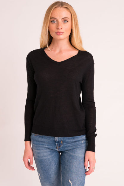 Shrunken V Neck Sweater Tissue Cashmere - Black