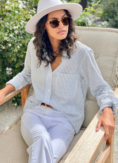Boyfriend Shirt Stipe Cotton  -White  Stripe
