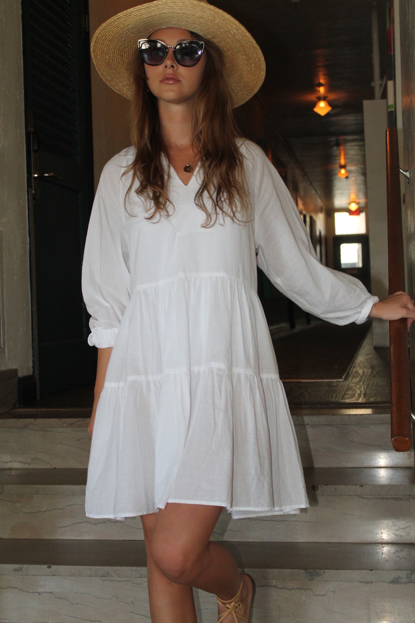 Puff Sleeve Dress Cotton- White