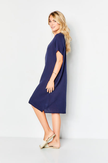 V Neck Dress Cotton Gauze - Navy
