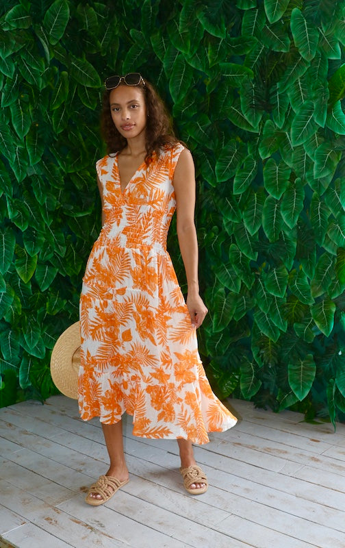 Smocked Dress Gauze- Orange Palm