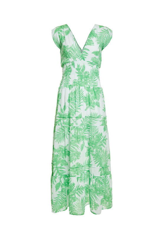 Smock Dress Gauze Palm Print Green