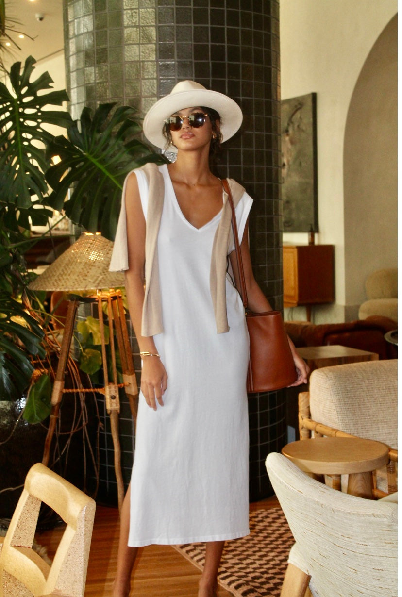 V Neck Cotton Dress -White