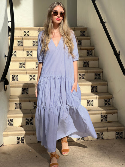 V Neck Tier Maxi Cotton  - Navy Stripe