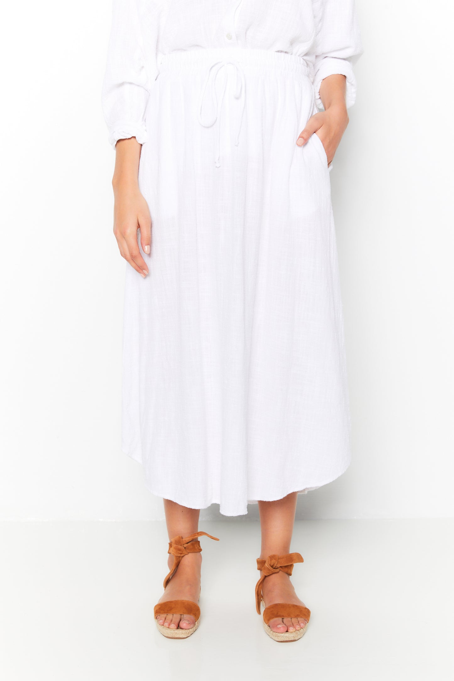 Elastic Waistband Gauze Skirt White