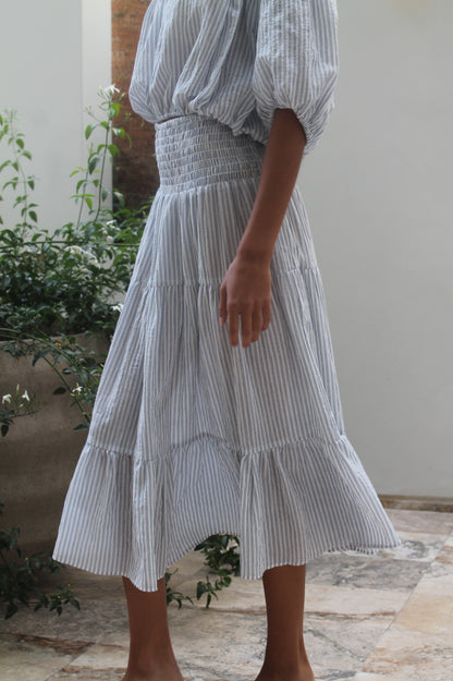 Smocked Maxi Skirt Cotton - White Stripe