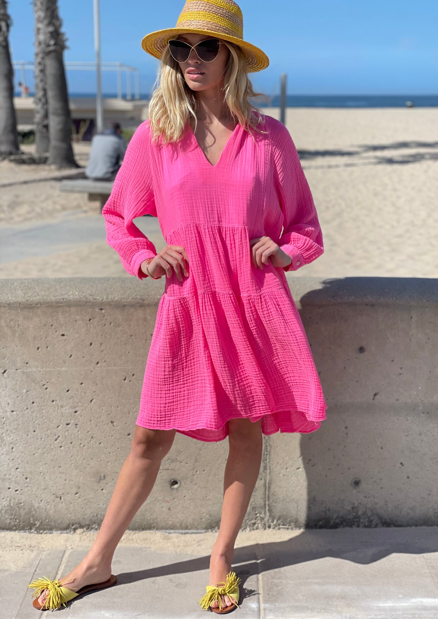 Puff Sleeve Dress Gauze - Hot Pink