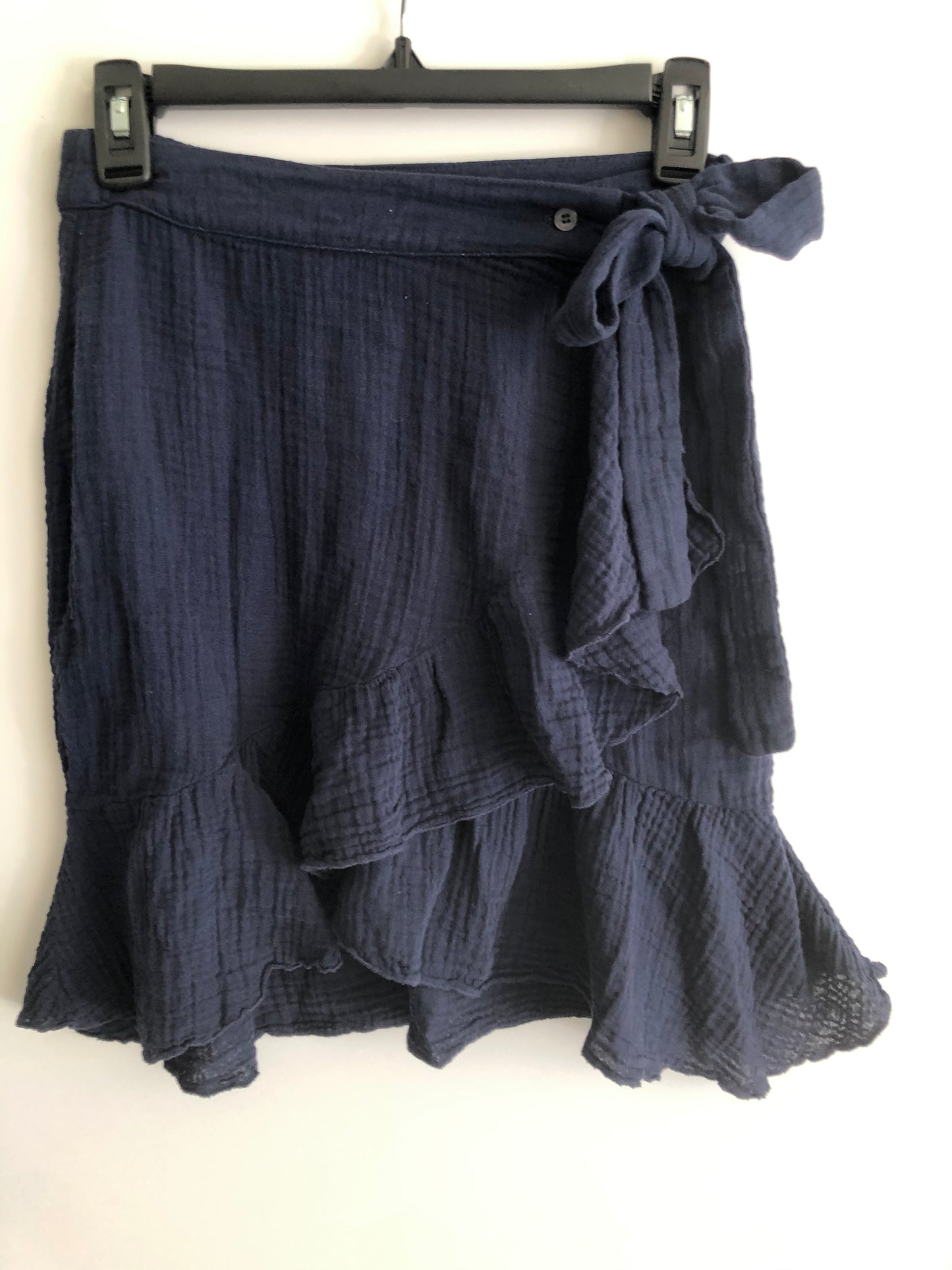 Ruffle Wrap Mini Skirt Cotton Gauze- Navy