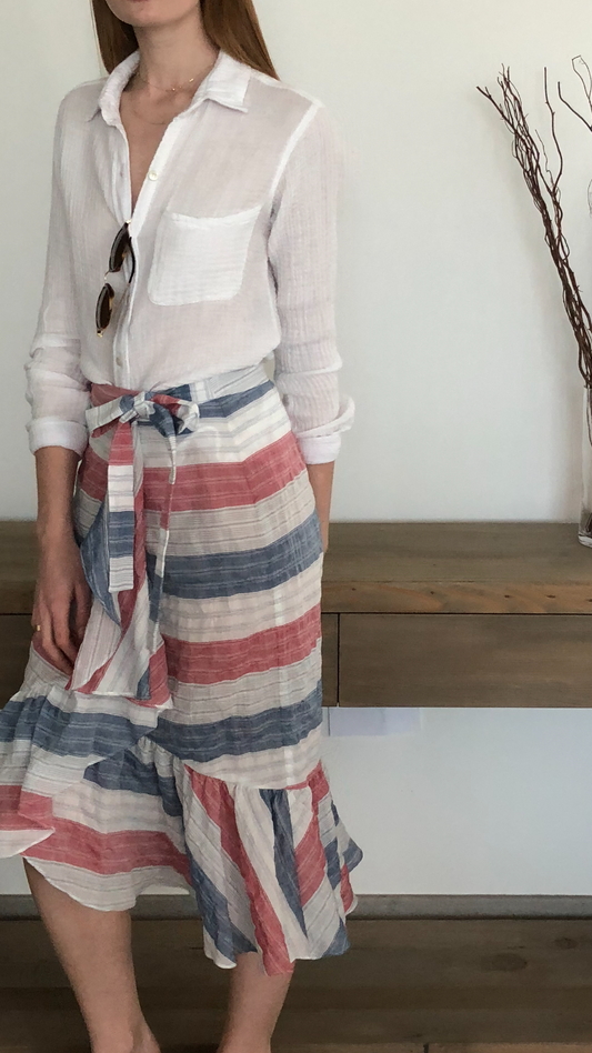 Ruffle Wrap Midi Skirt 100% Organic Cotton - Multi Stripe
