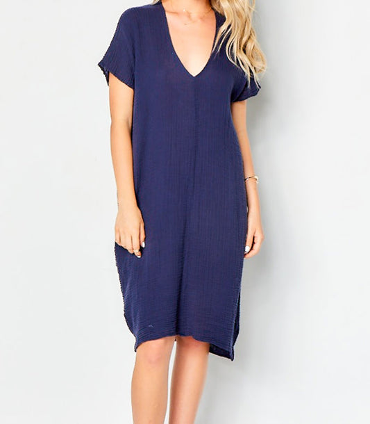 V Neck Dress Cotton Gauze - Navy